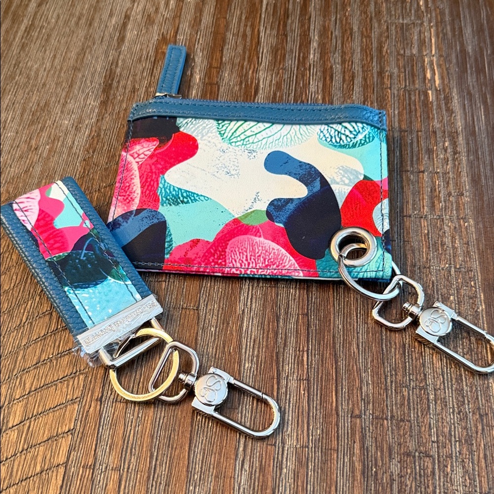 Samantha Brown Wristlet Mini Coin Purse Keychain Blue Floral Pattern